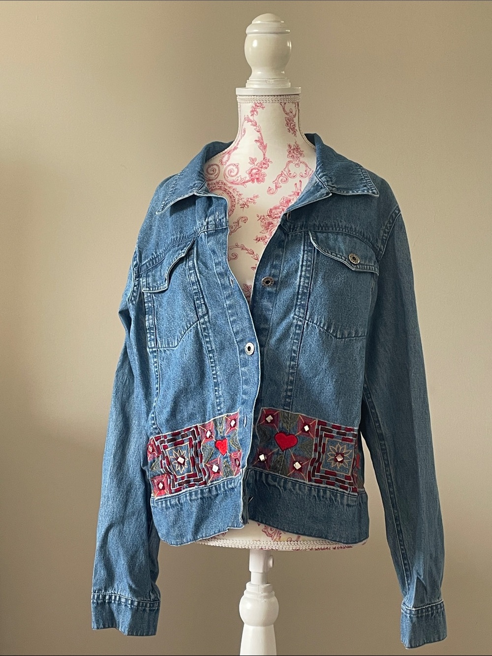 Vintage Agapo Denim Jacket with Red Embroidered Patch Accents
